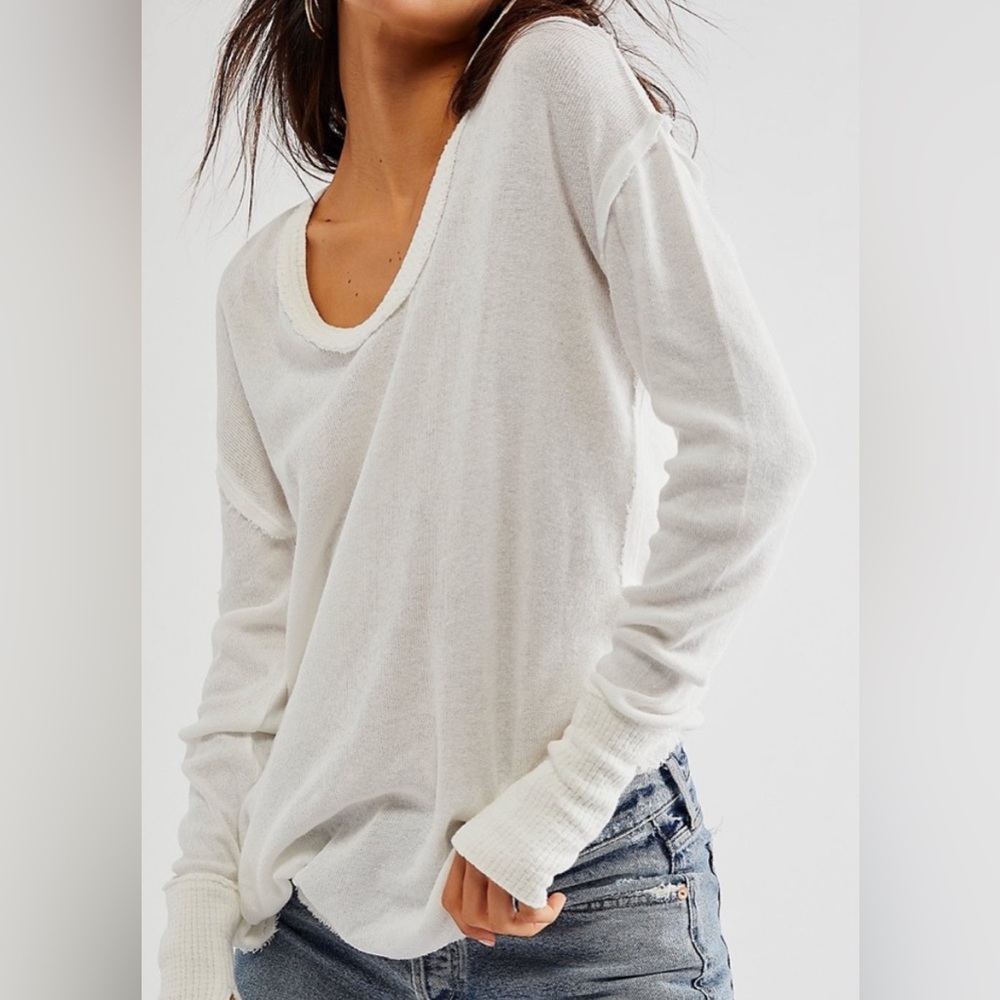 We The Free Colby Raw Edge Top - NWT - Size M Ivory Ribbed Long Sleeve Tee
